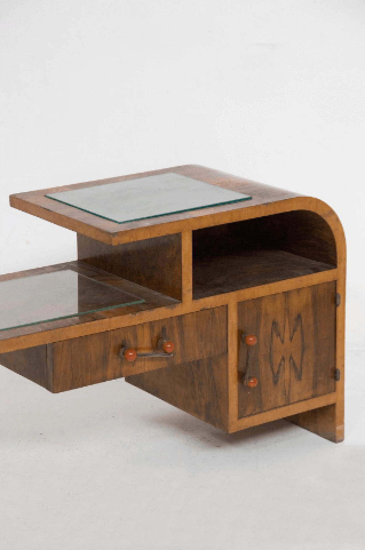 Asymmetric walnut root and glass console, 1950s 2