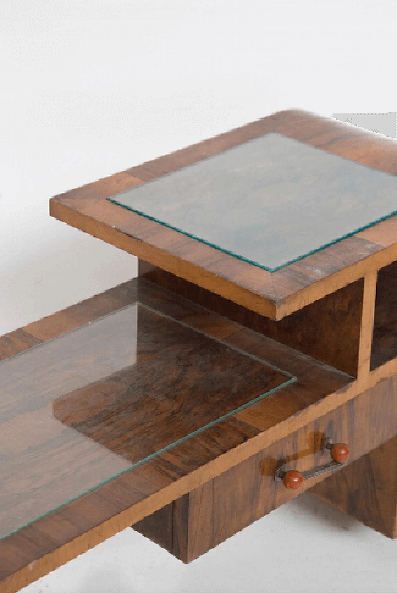 Asymmetric walnut root and glass console, 1950s 4