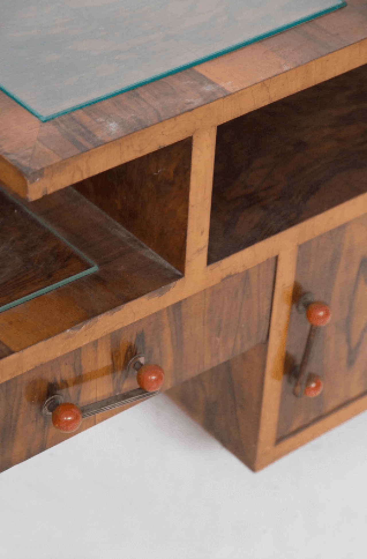 Asymmetric walnut root and glass console, 1950s 5