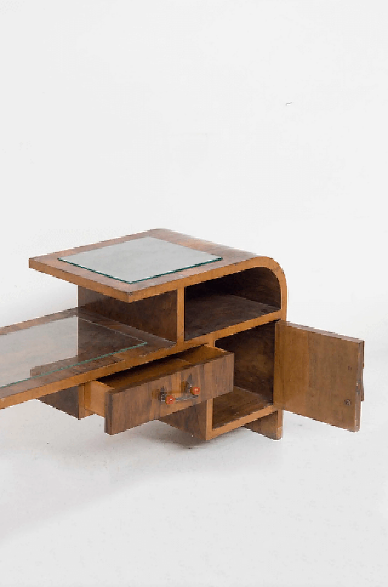 Asymmetric walnut root and glass console, 1950s 7