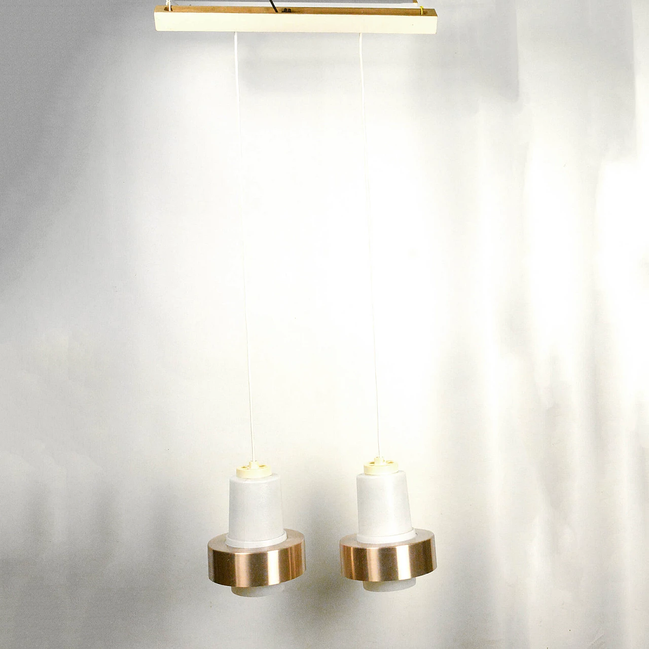Glass, copper and wood chandelier by VEB Narva Leuchtenbau, 1970s 1