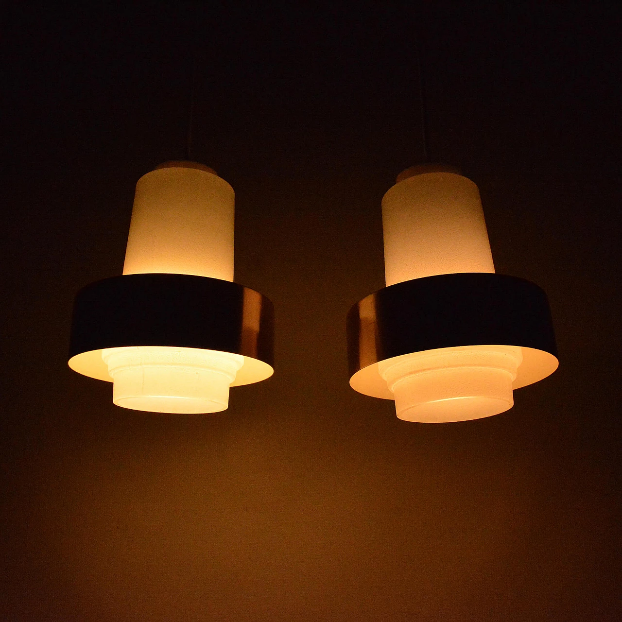 Glass, copper and wood chandelier by VEB Narva Leuchtenbau, 1970s 2