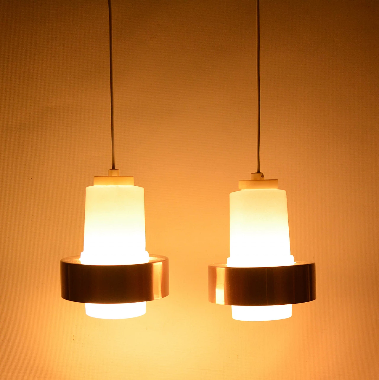 Glass, copper and wood chandelier by VEB Narva Leuchtenbau, 1970s 3