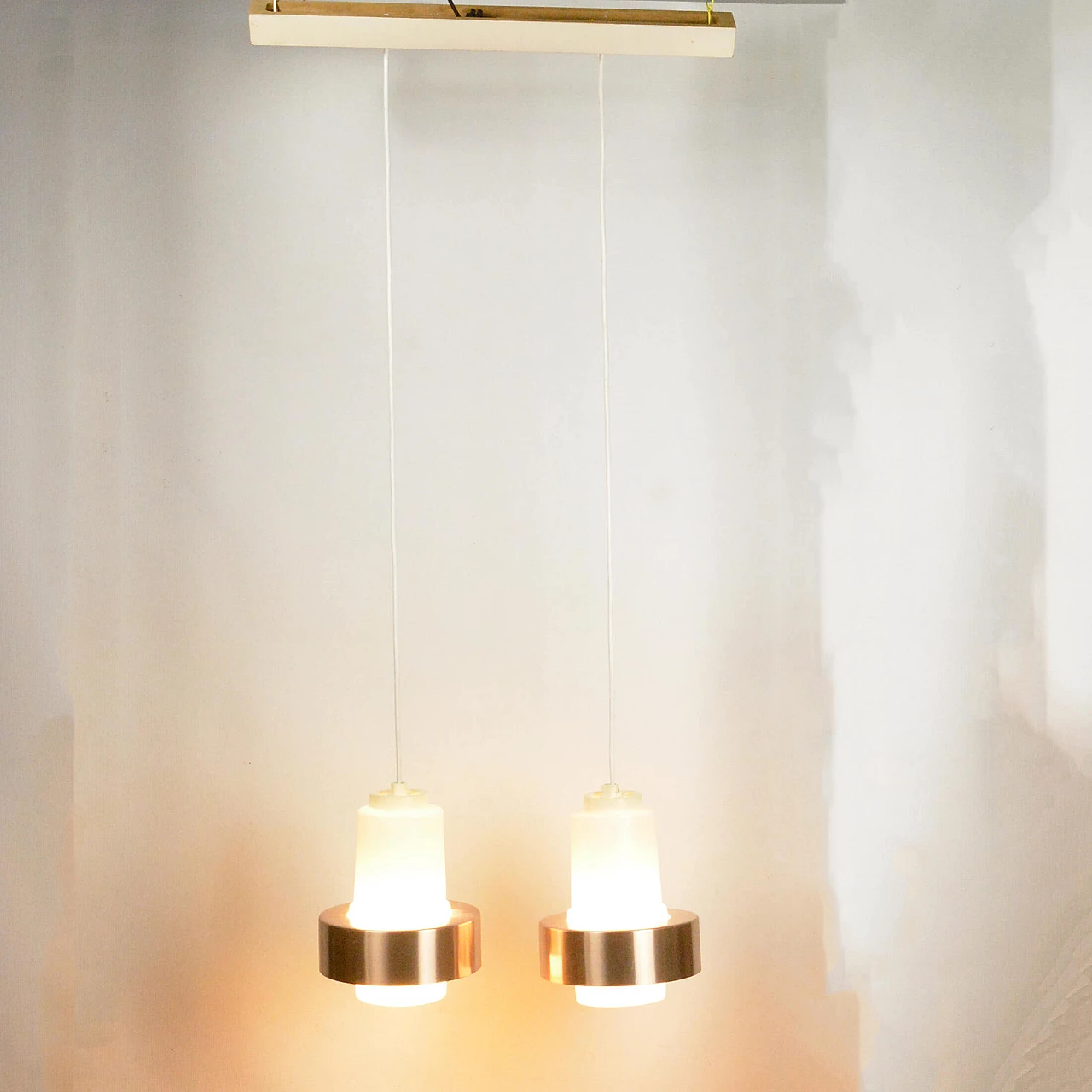 Glass, copper and wood chandelier by VEB Narva Leuchtenbau, 1970s 4