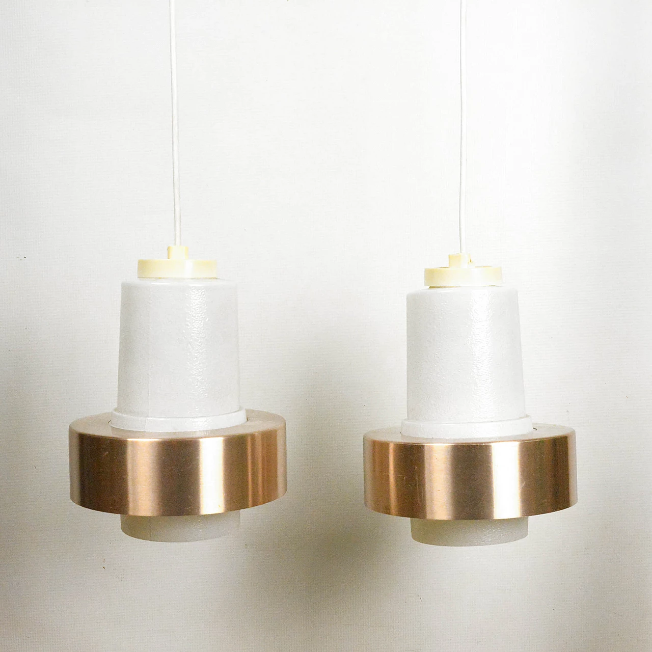 Glass, copper and wood chandelier by VEB Narva Leuchtenbau, 1970s 5