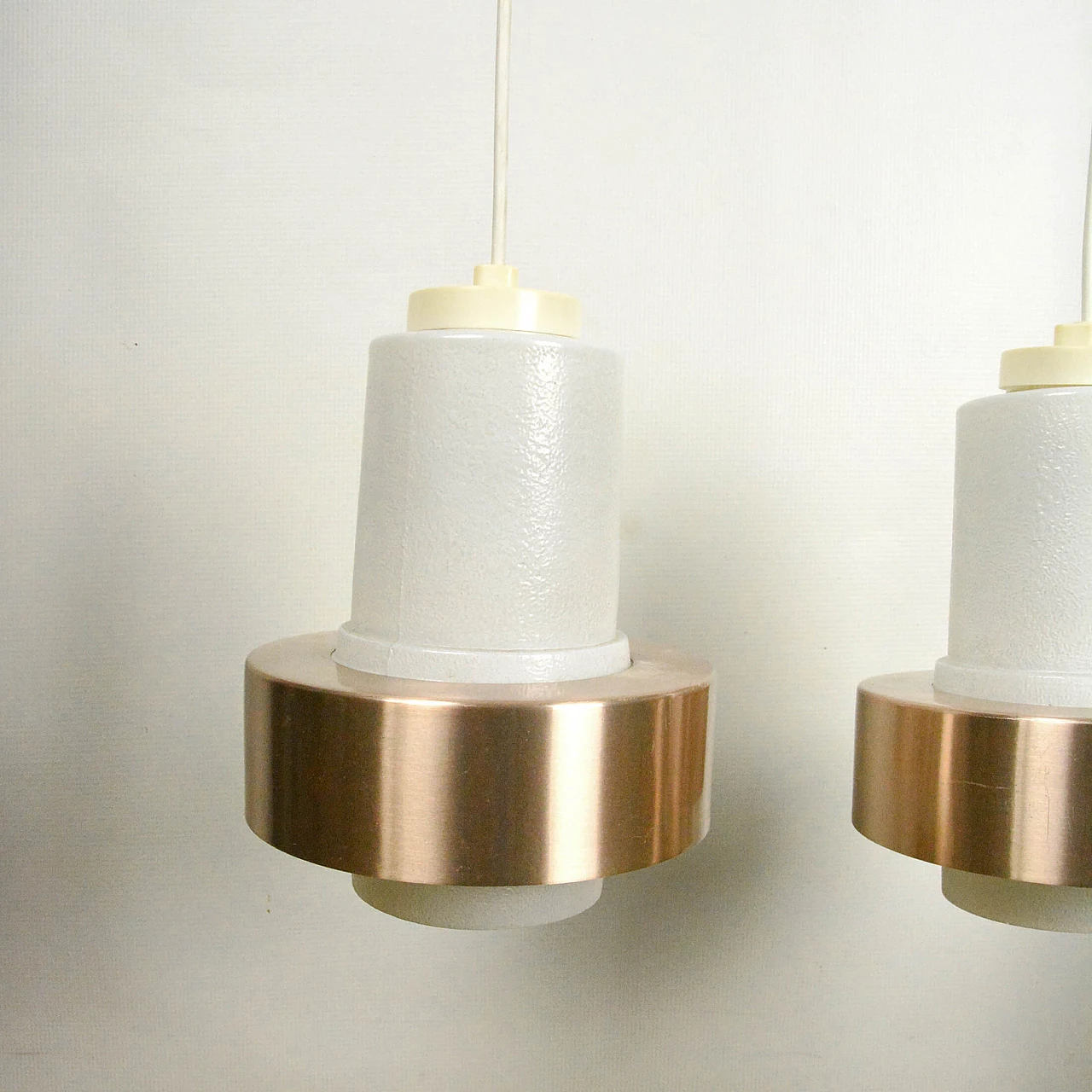 Glass, copper and wood chandelier by VEB Narva Leuchtenbau, 1970s 6