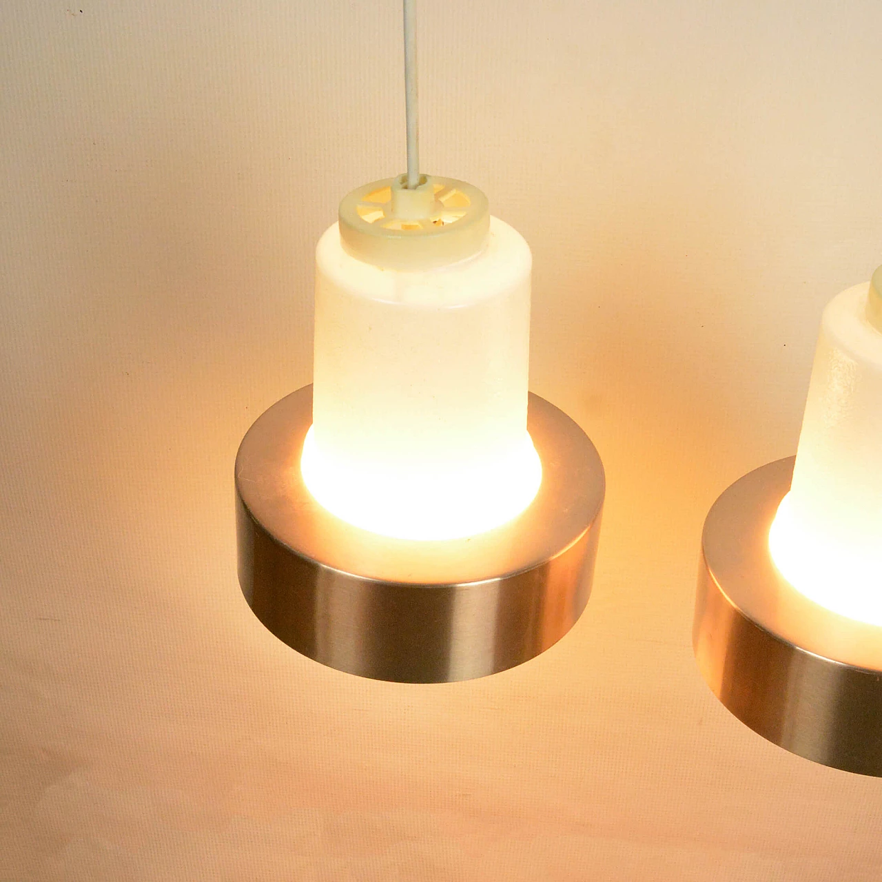 Glass, copper and wood chandelier by VEB Narva Leuchtenbau, 1970s 8