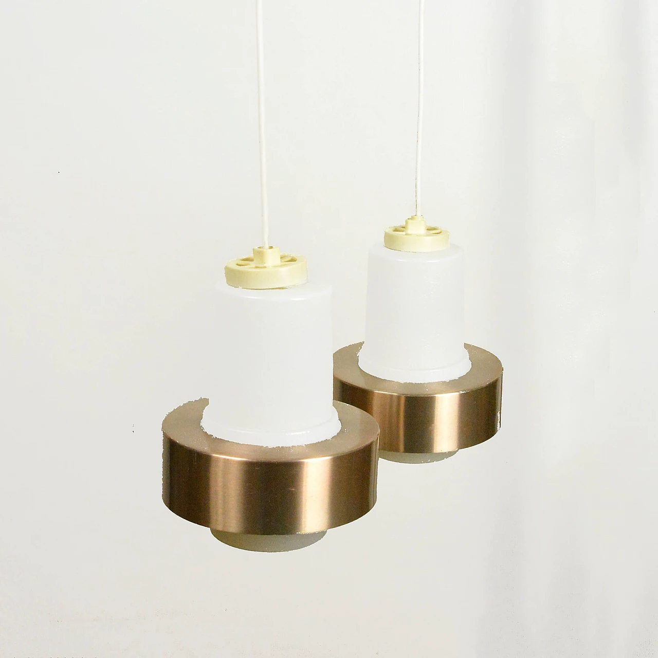 Glass, copper and wood chandelier by VEB Narva Leuchtenbau, 1970s 10