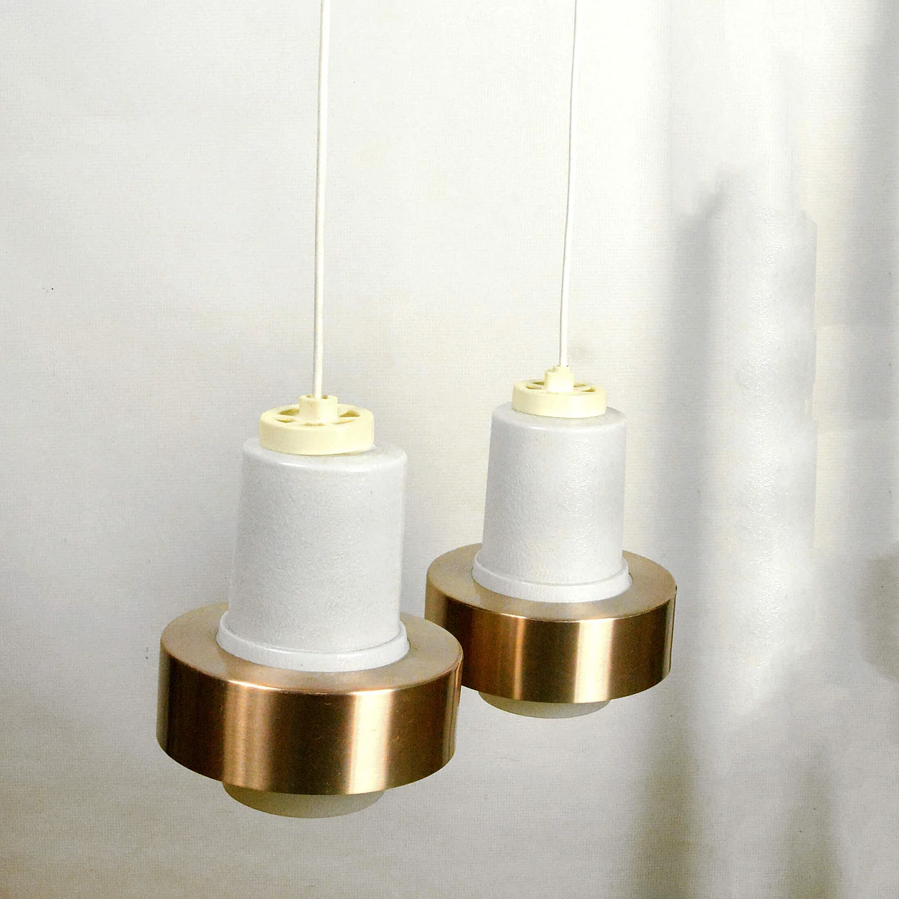 Glass, copper and wood chandelier by VEB Narva Leuchtenbau, 1970s 11