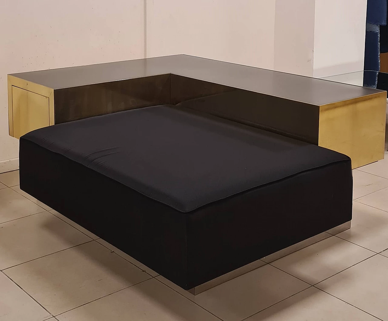 Brass, steel, wood and silk satin sofa, 1980s 1