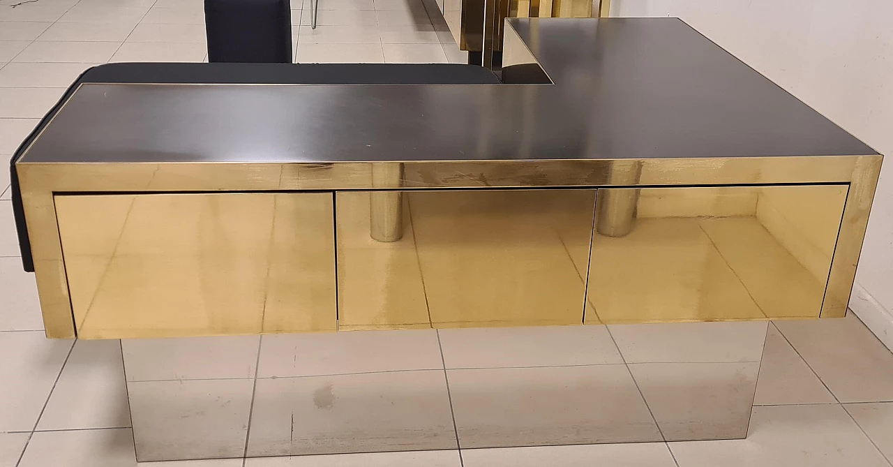 Brass, steel, wood and silk satin sofa, 1980s 4