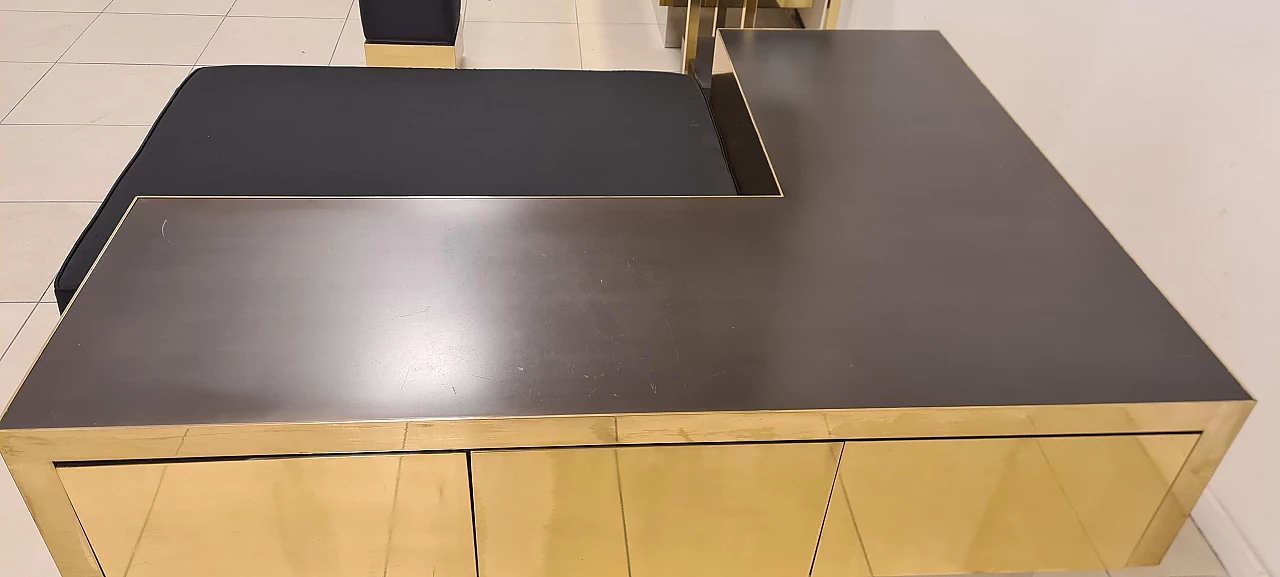 Brass, steel, wood and silk satin sofa, 1980s 5