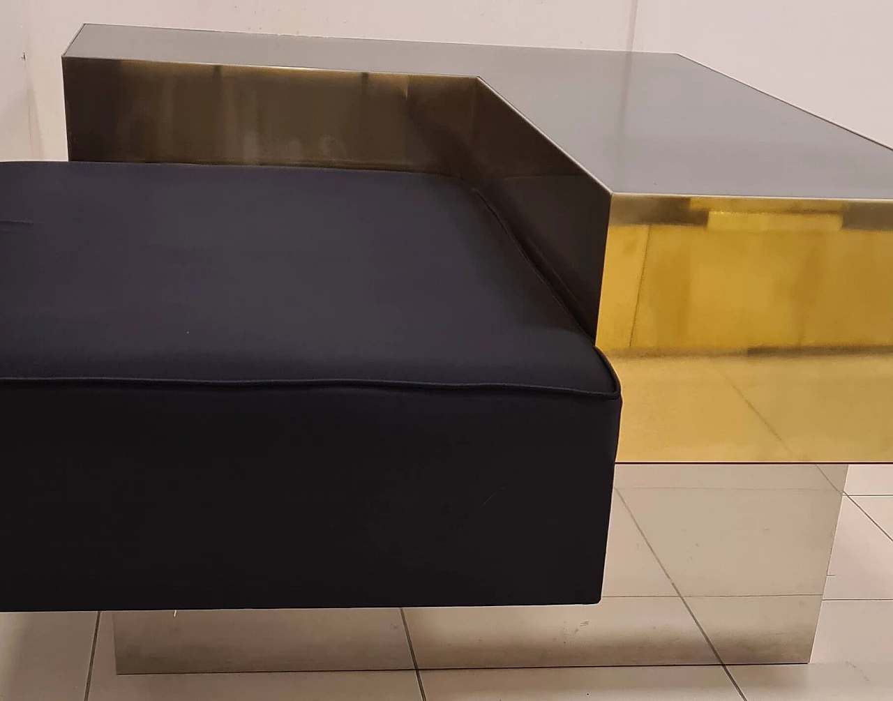 Brass, steel, wood and silk satin sofa, 1980s 12