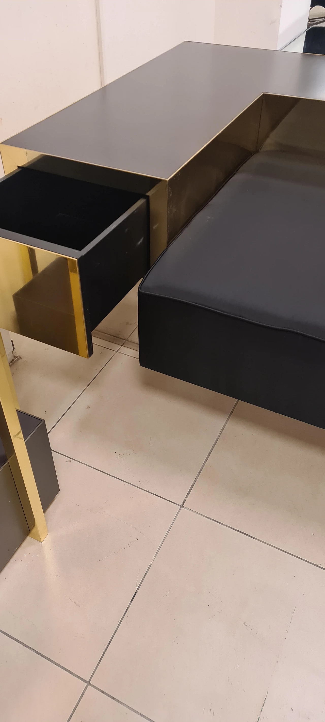 Brass, steel, wood and silk satin sofa, 1980s 14