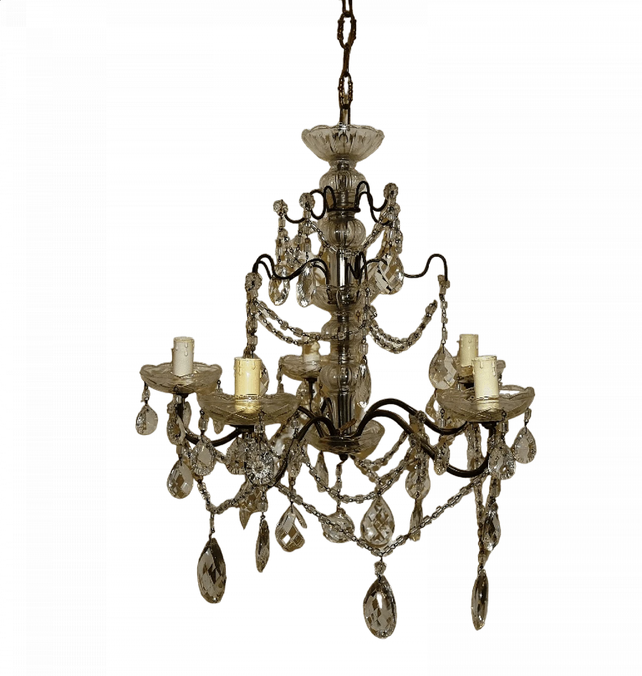 Five-light metal and crystal chandelier, 1940s 15