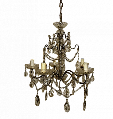 Five-light metal and crystal chandelier, 1940s