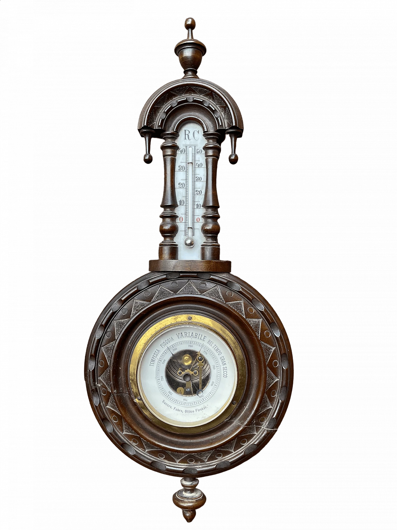 Wood, ceramic and brass barometer, early 20th century 11
