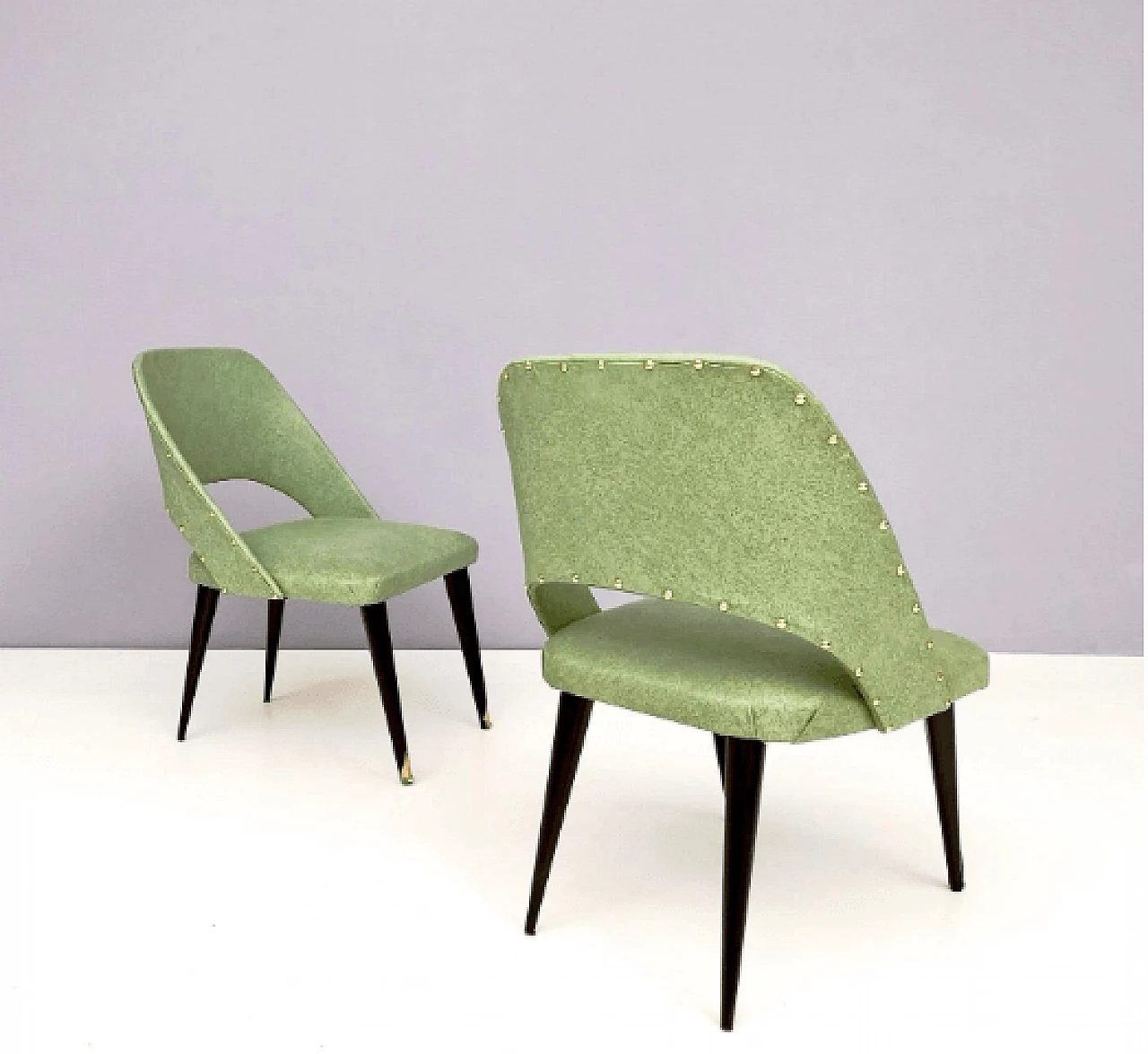 Pair of ebonized wood and green skai chairs, 1950s 3