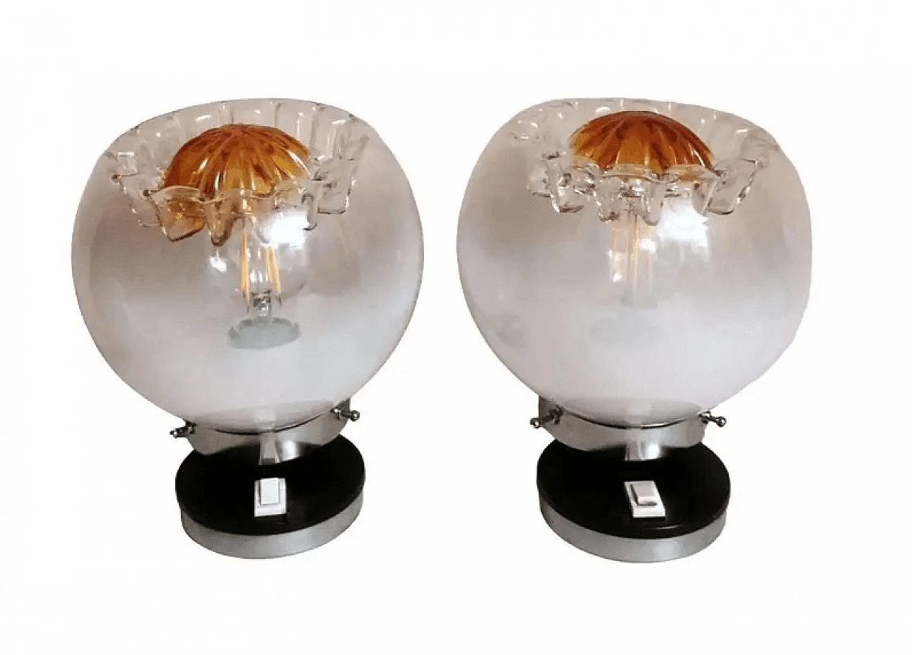 Pair of nickel-plated metal and Murano glass table lamps by Mazzega, 1970s 1