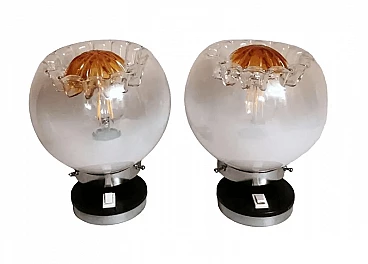 Pair of nickel-plated metal and Murano glass table lamps by Mazzega, 1970s