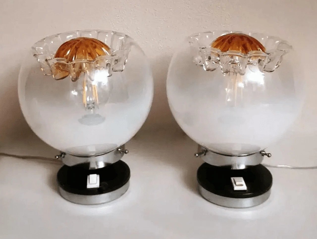 Pair of nickel-plated metal and Murano glass table lamps by Mazzega, 1970s 2