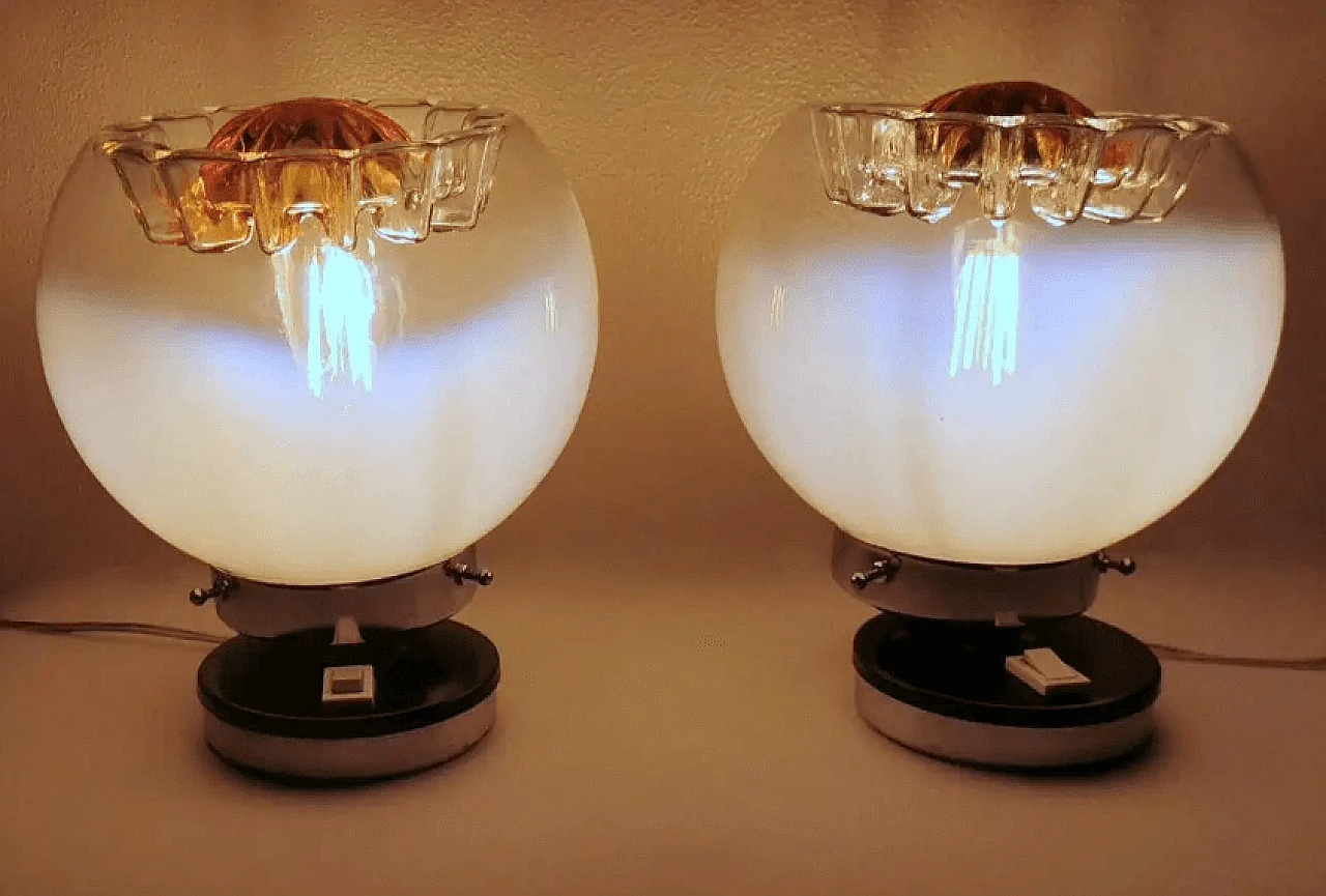 Pair of nickel-plated metal and Murano glass table lamps by Mazzega, 1970s 3