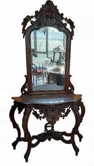 Walnut console with mirror and marble top, late 19th century