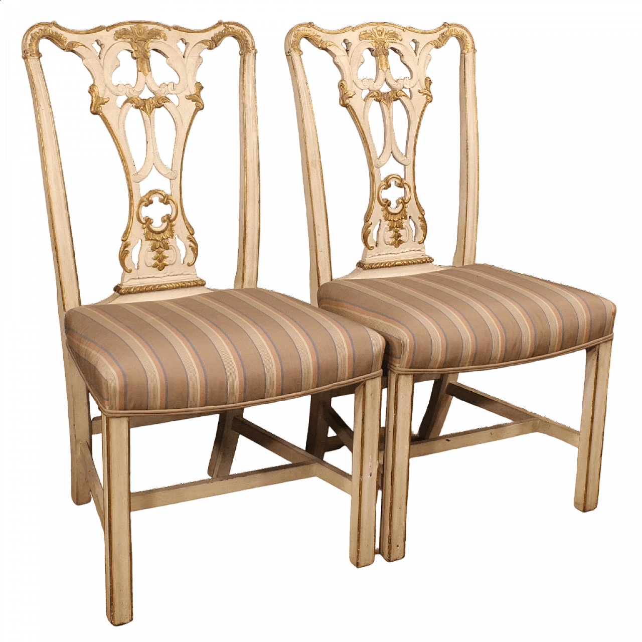 Coppia di sedie imbottite in legno laccato e dorato 13
