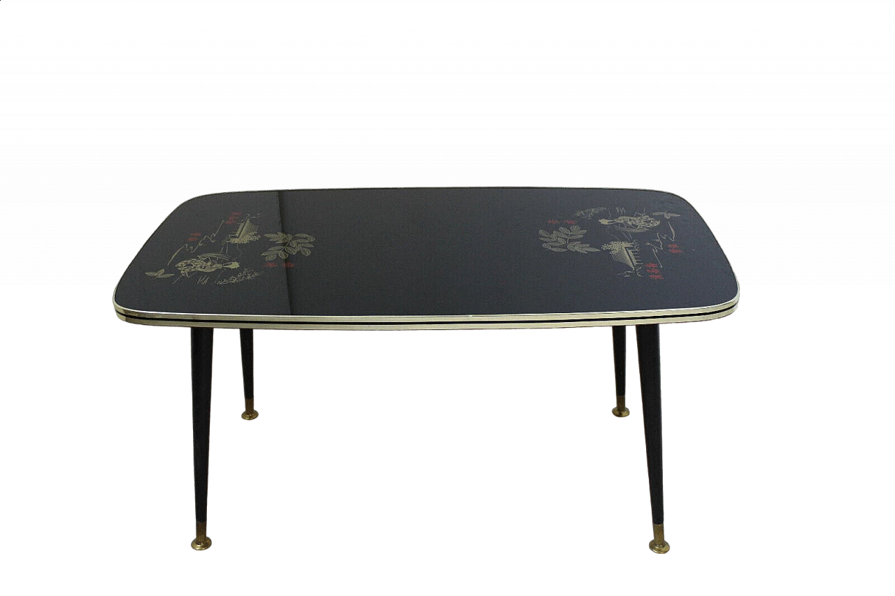 Tavolino con piano in vetro e decorazioni orientali, anni '50 8