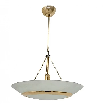Brass and etched glass bowl chandelier in the style of Fontana Arte, 1980s