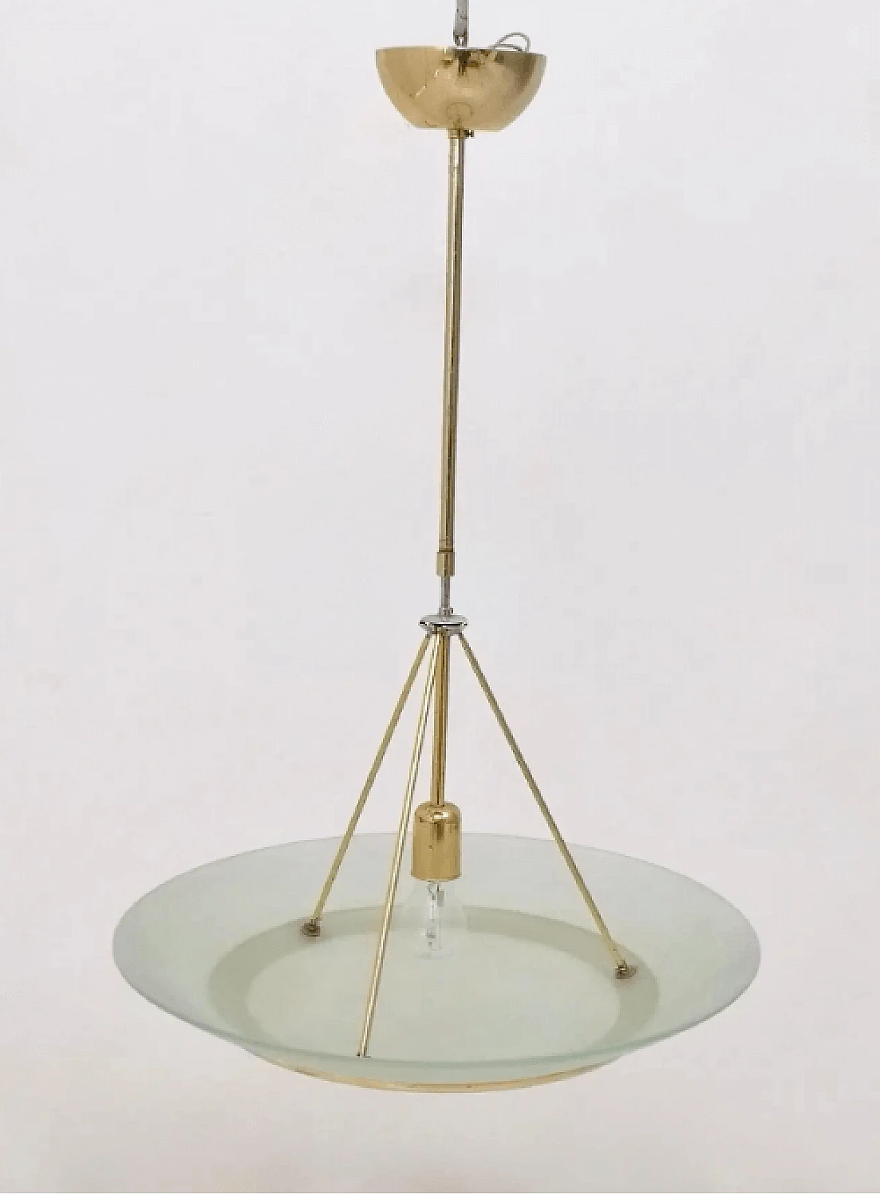 Brass and etched glass bowl chandelier in the style of Fontana Arte, 1980s 4