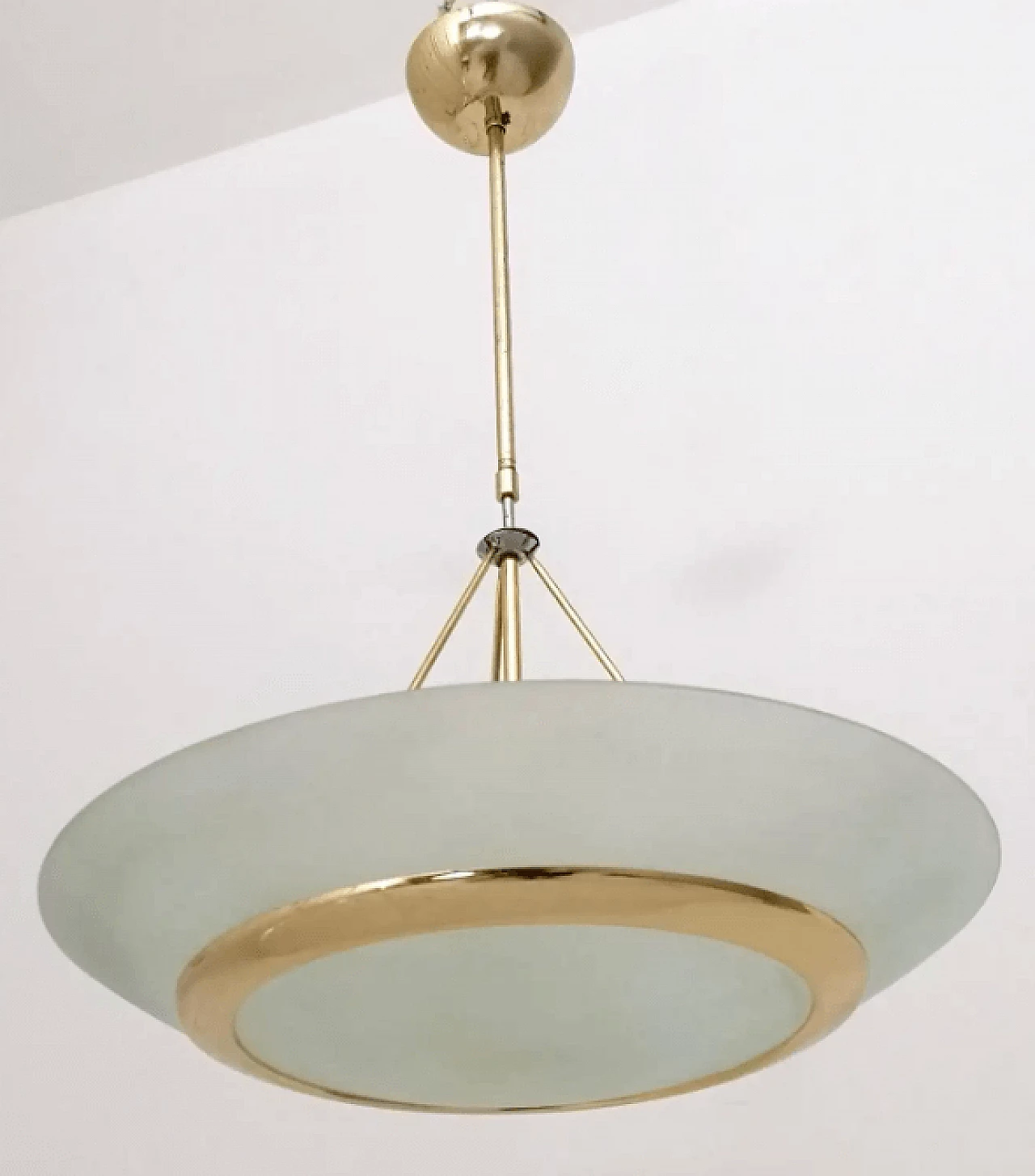 Brass and etched glass bowl chandelier in the style of Fontana Arte, 1980s 6