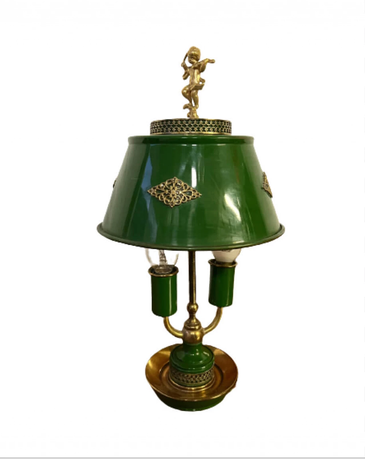 Lampada da tavolo in metallo smaltato verde e ottone, inizio '900 1