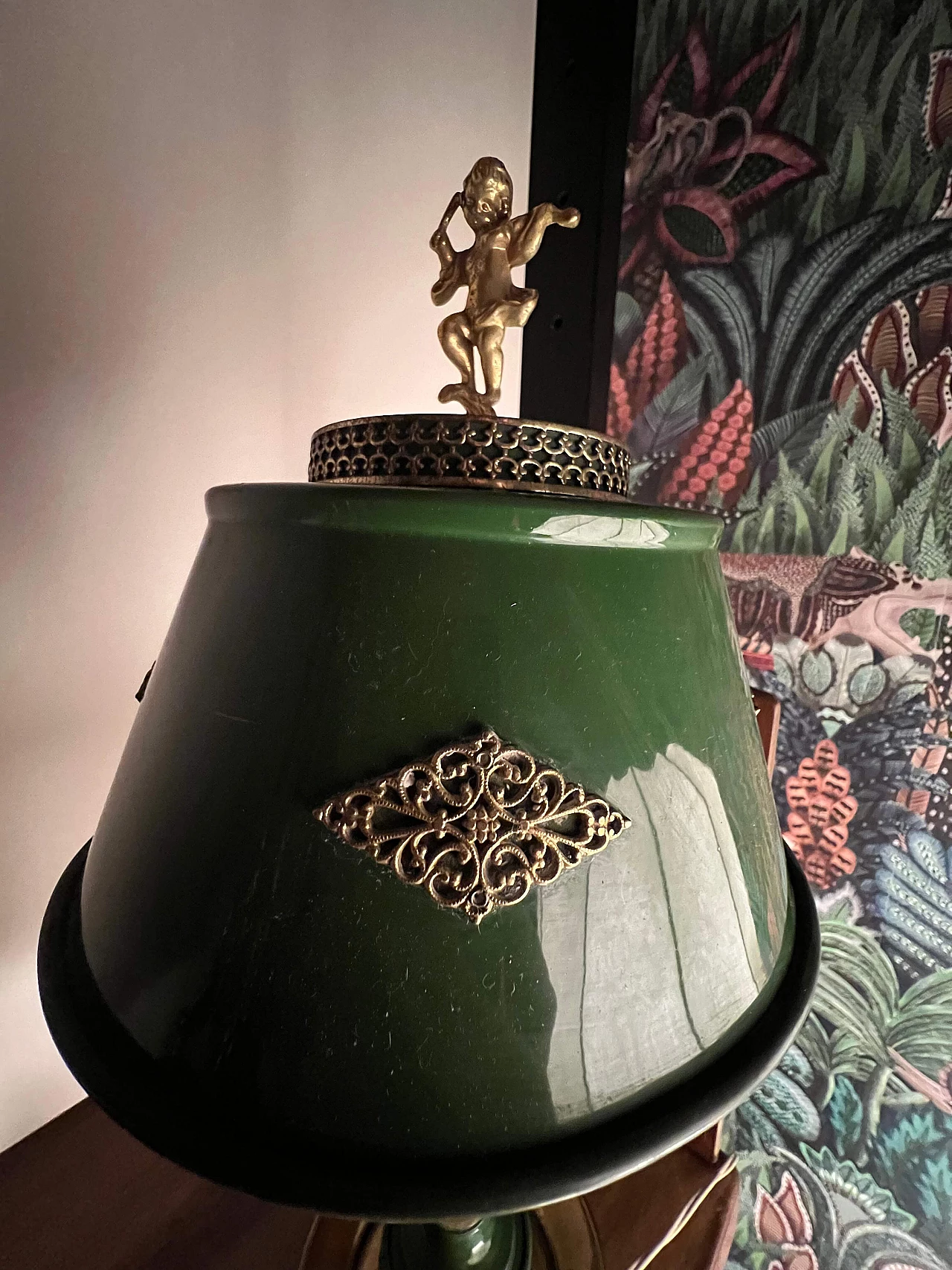 Lampada da tavolo in metallo smaltato verde e ottone, inizio '900 3