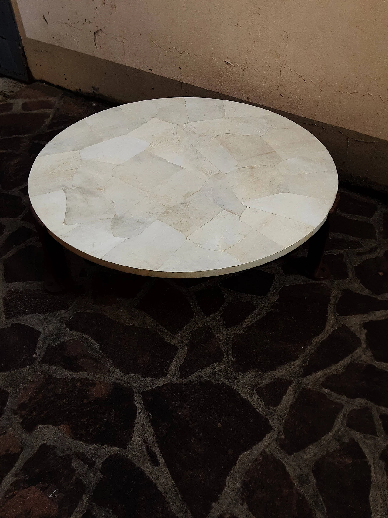 Round iron, wood and parchment coffee table, 1980s 8