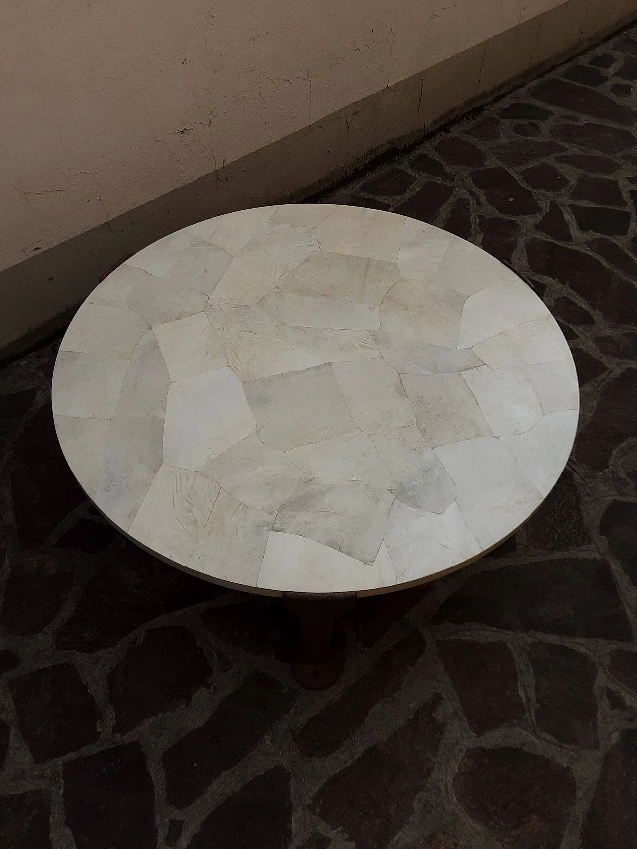 Round iron, wood and parchment coffee table, 1980s 9