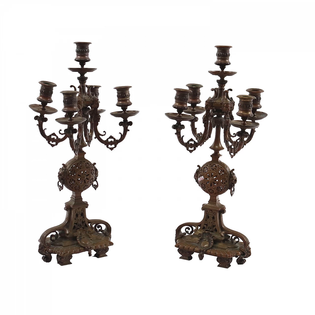 Coppia di candelabri a cinque fiamme in bronzo, metà '800 1