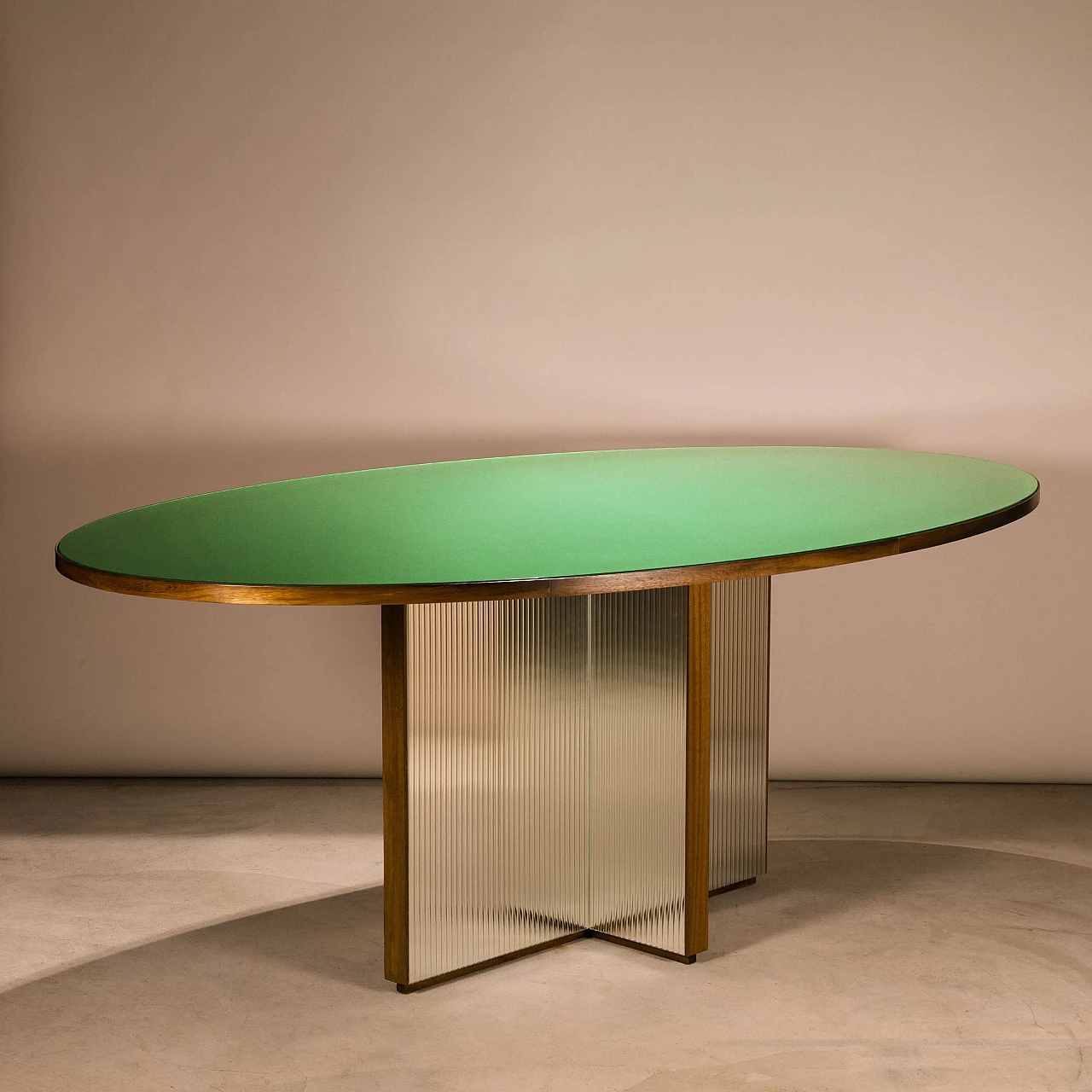 Oval wood and glass table by Artisan 1