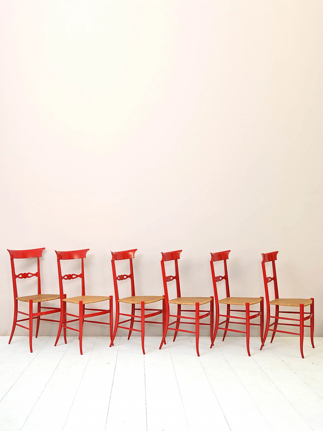 6 Chairs in red lacquered wood and Vienna straw, 1960s 2