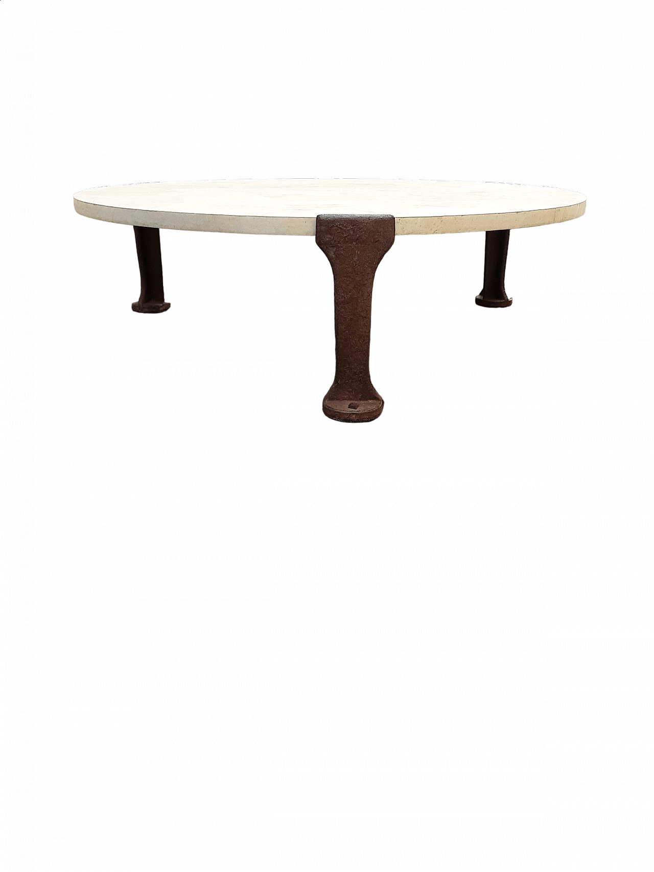 Tavolino rotondo in ferro, legno e pergamena, anni '80 12