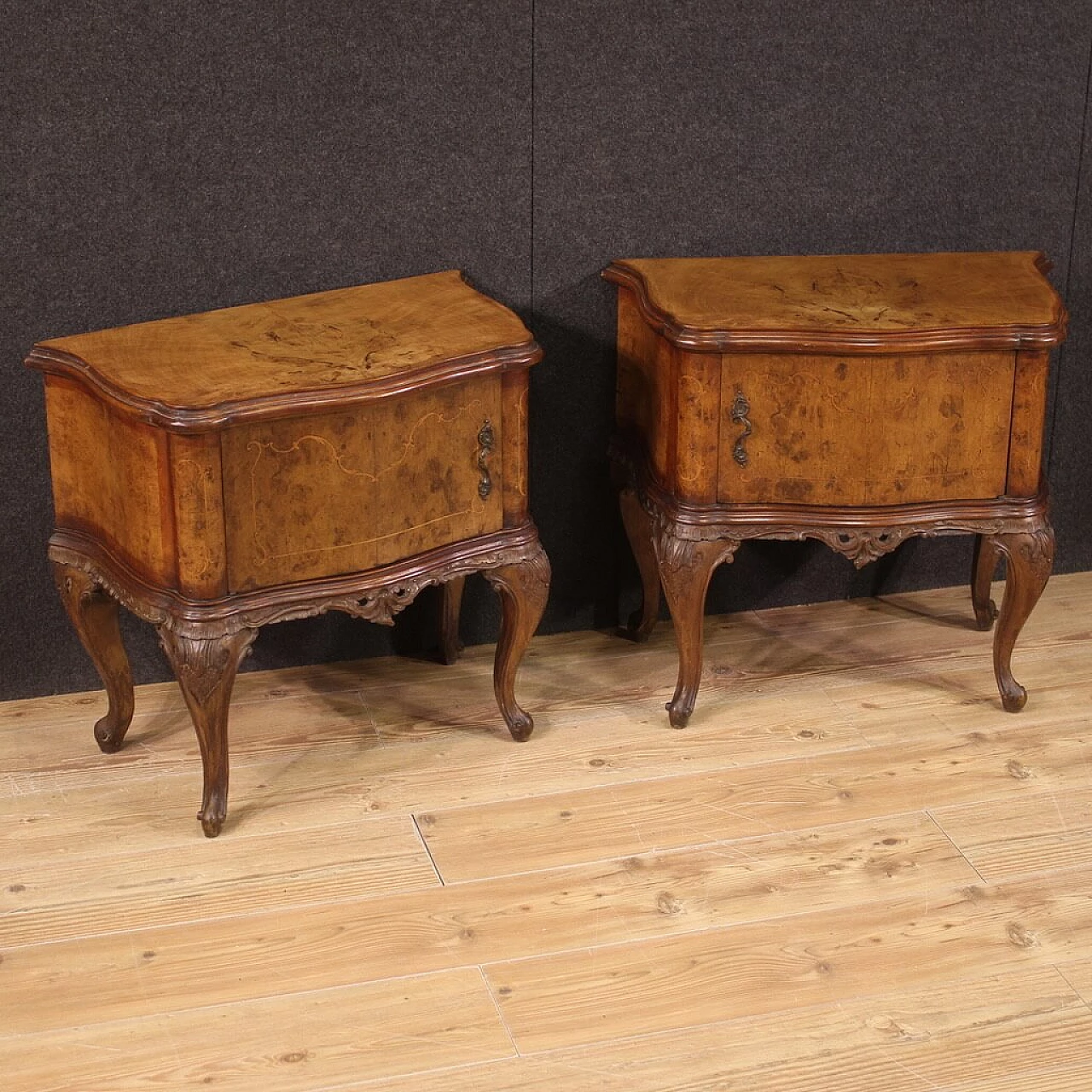 Pair of Chippendale style inlaid wood bedside tables, 1950s 1