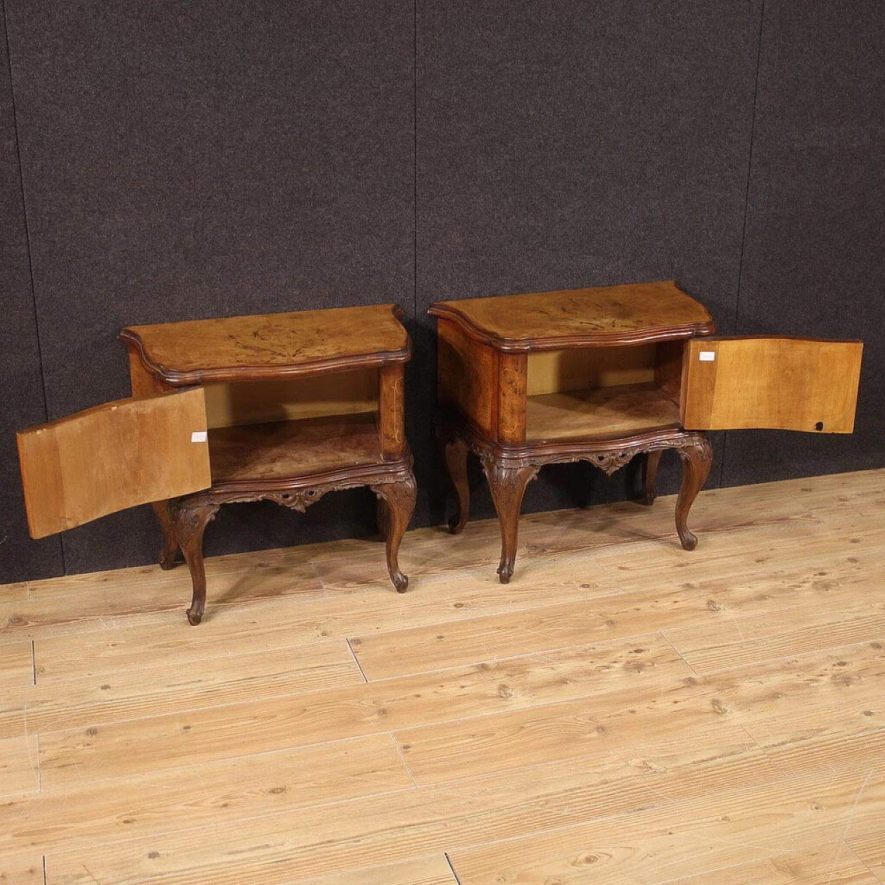 Pair of Chippendale style inlaid wood bedside tables, 1950s 2