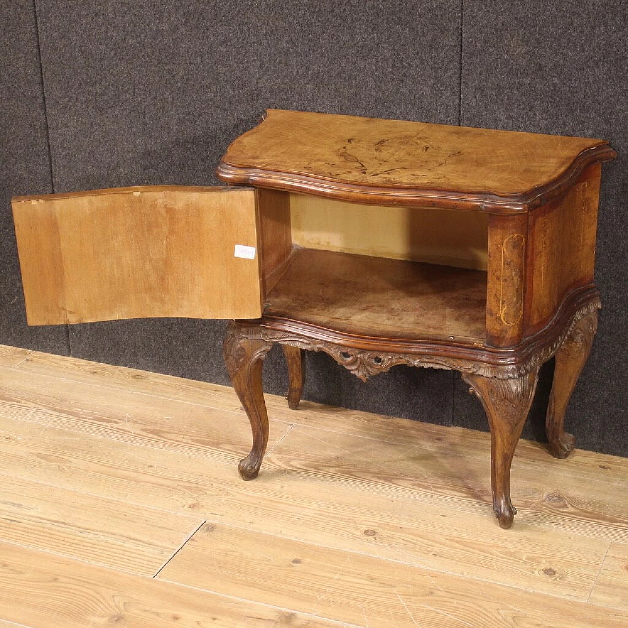 Pair of Chippendale style inlaid wood bedside tables, 1950s 5