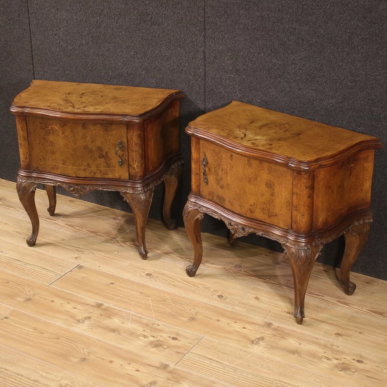 Pair of Chippendale style inlaid wood bedside tables, 1950s 6