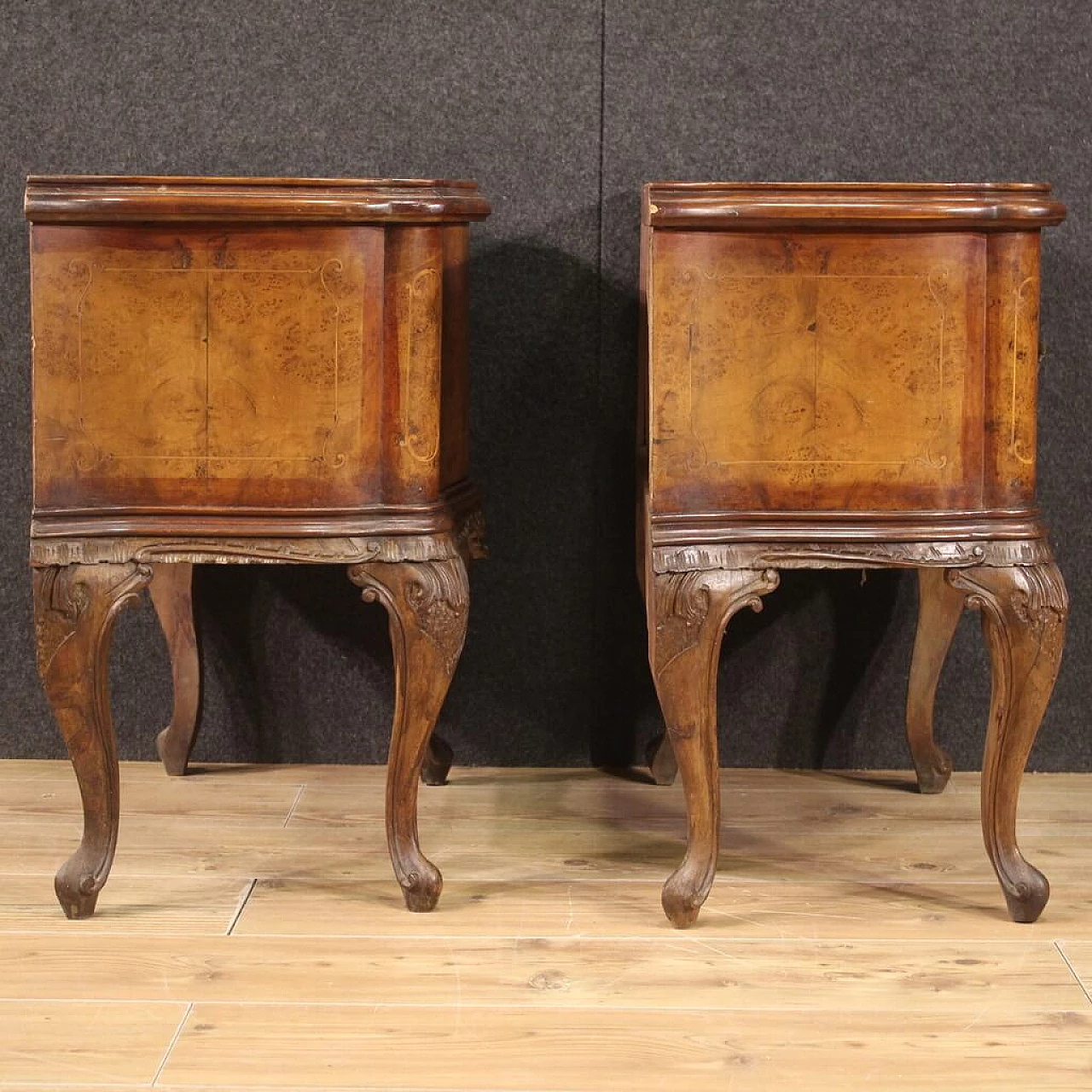 Pair of Chippendale style inlaid wood bedside tables, 1950s 7