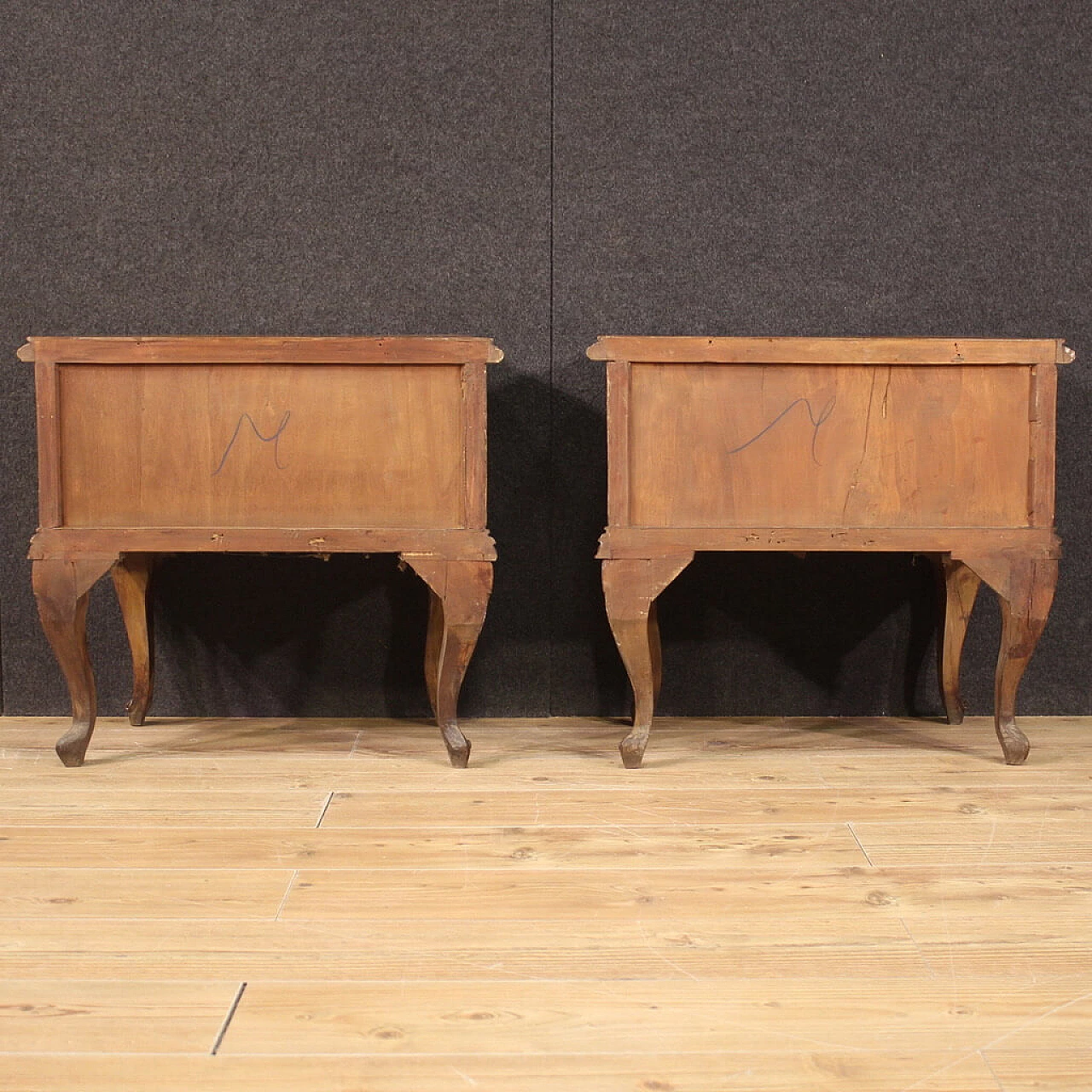 Pair of Chippendale style inlaid wood bedside tables, 1950s 8