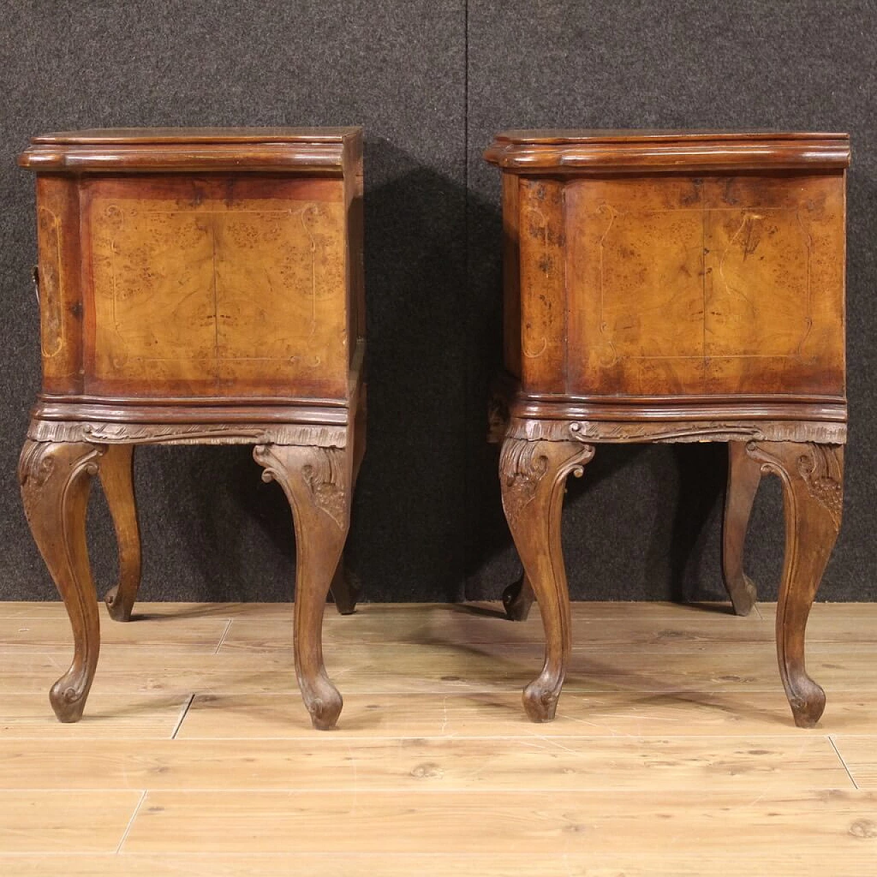 Pair of Chippendale style inlaid wood bedside tables, 1950s 9