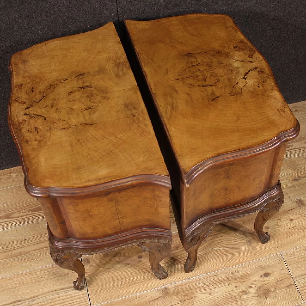 Pair of Chippendale style inlaid wood bedside tables, 1950s 10
