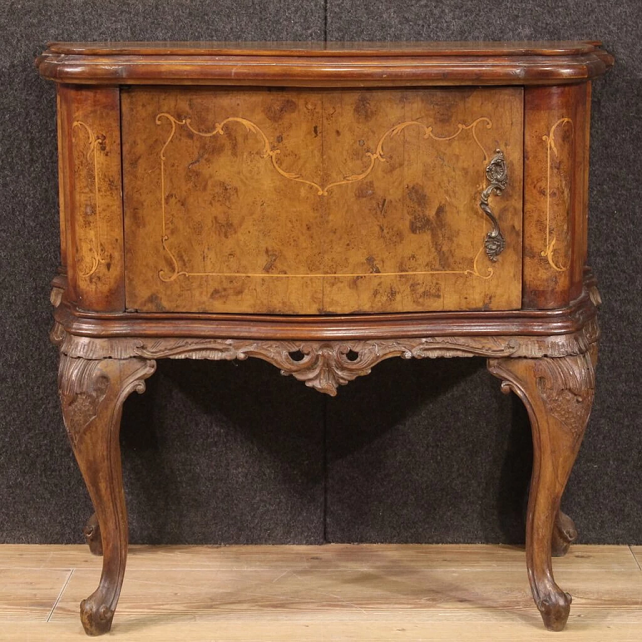 Pair of Chippendale style inlaid wood bedside tables, 1950s 11