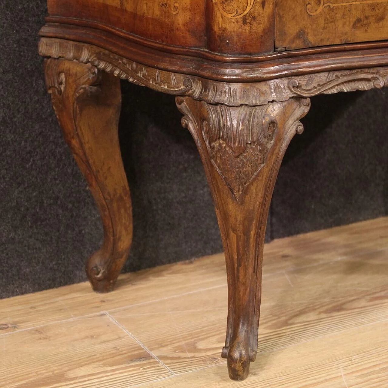 Pair of Chippendale style inlaid wood bedside tables, 1950s 12